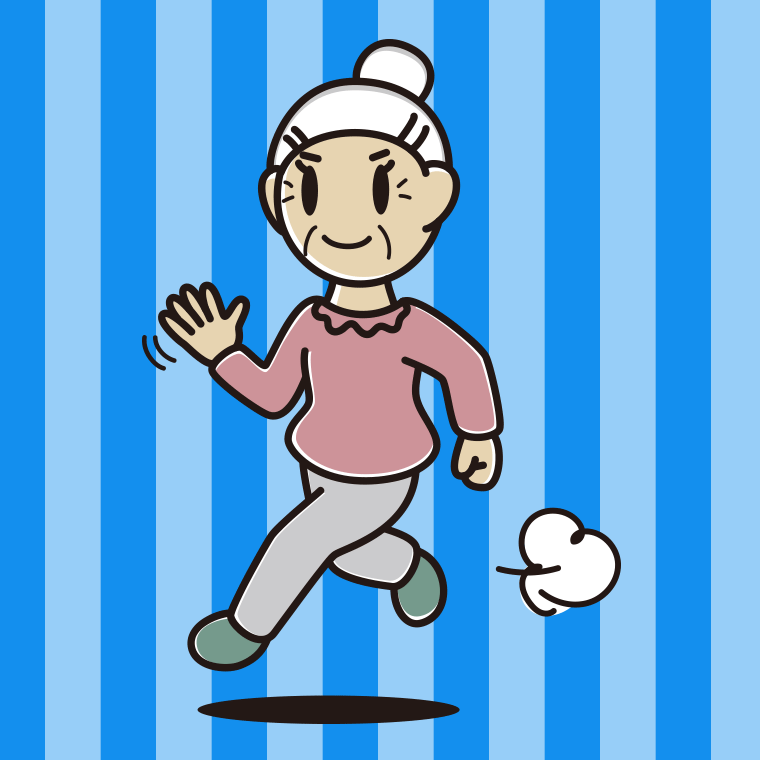 手を振りながら走るおばあさんのイラスト【色、背景あり】PNG