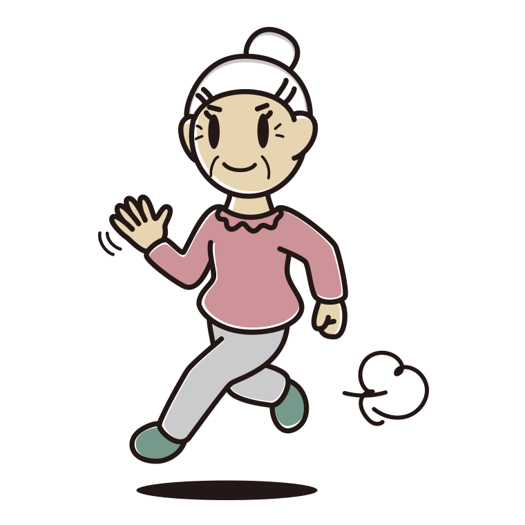 手を振りながら走るおばあさんのイラスト【色あり、背景なし】透過PNG