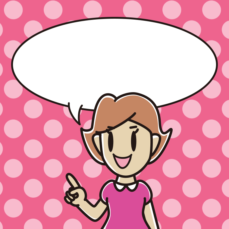 指差す女性のイラスト（吹き出し空欄）【色、背景あり】PNG