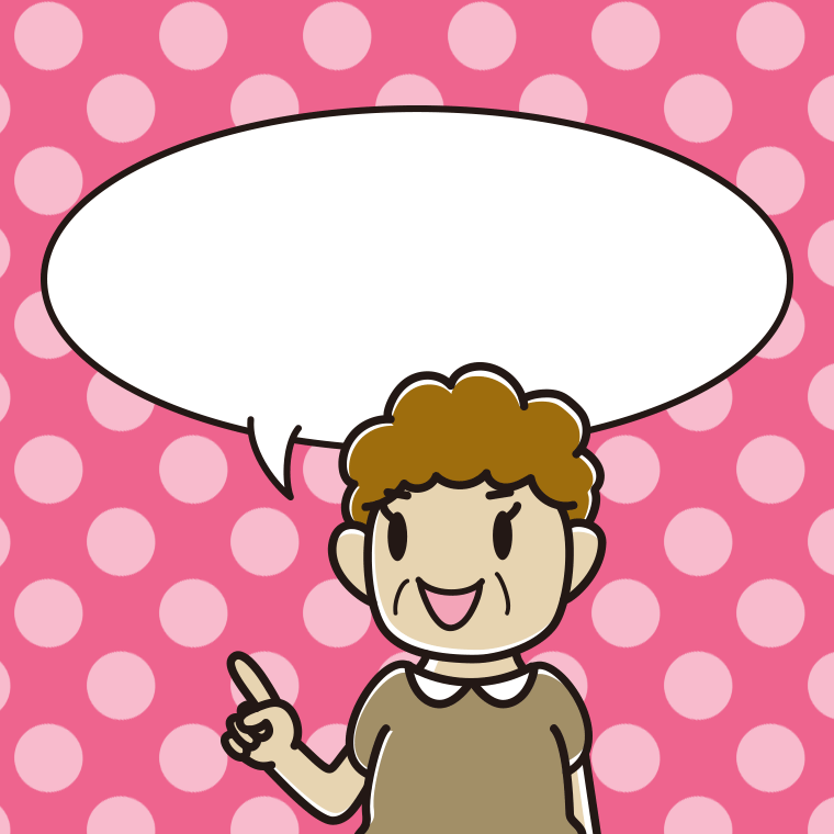 指差すおばさんのイラスト（吹き出し空欄）【色、背景あり】PNG