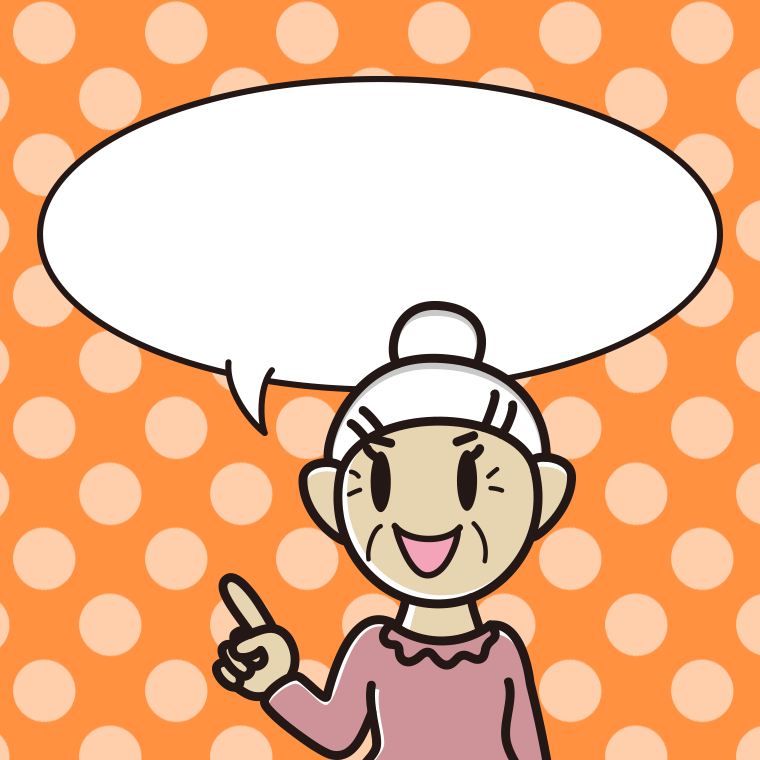 指差すおばあさんのイラスト（吹き出し空欄）【色、背景あり】PNG