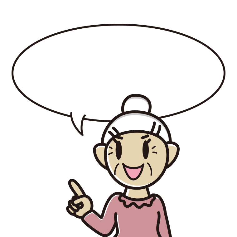 指差すおばあさんのイラスト（吹き出し空欄）【色あり、背景なし】透過PNG