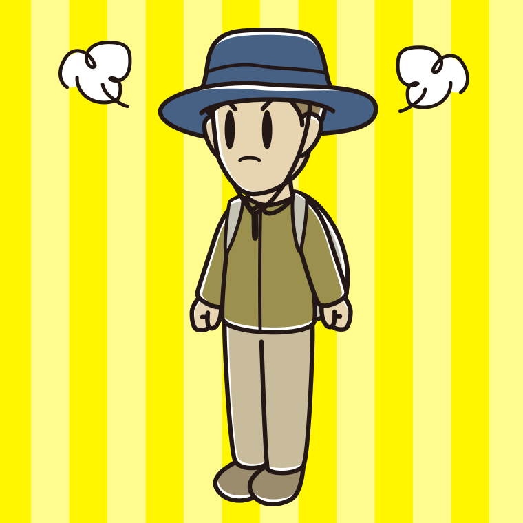 怒るアウトドア姿の男性のイラスト【色、背景あり】PNG