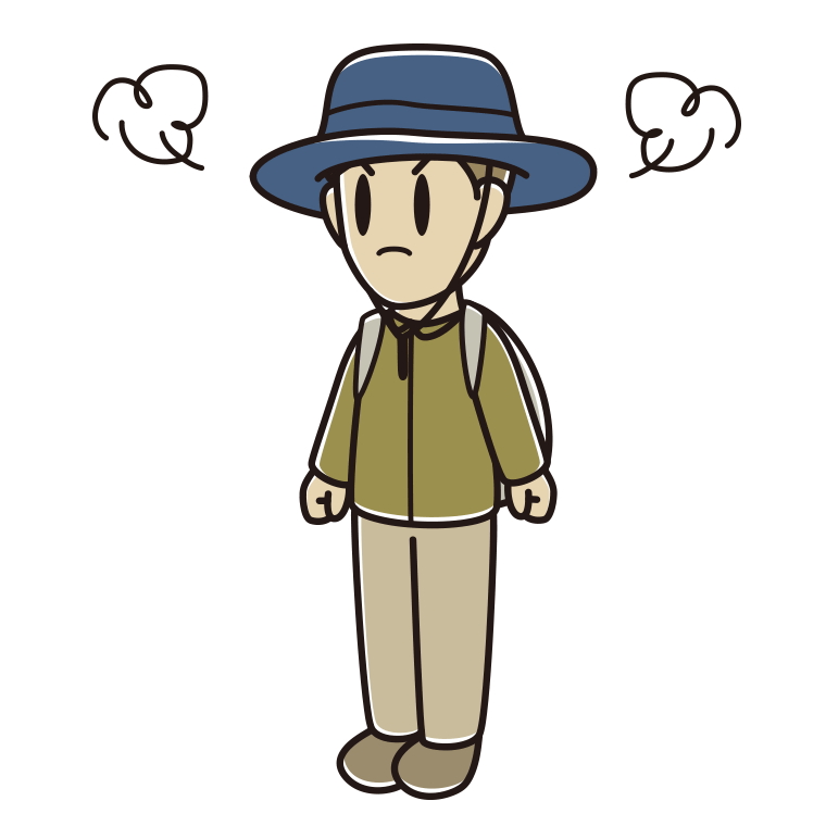 怒るアウトドア姿の男性のイラスト【色あり、背景なし】透過PNG