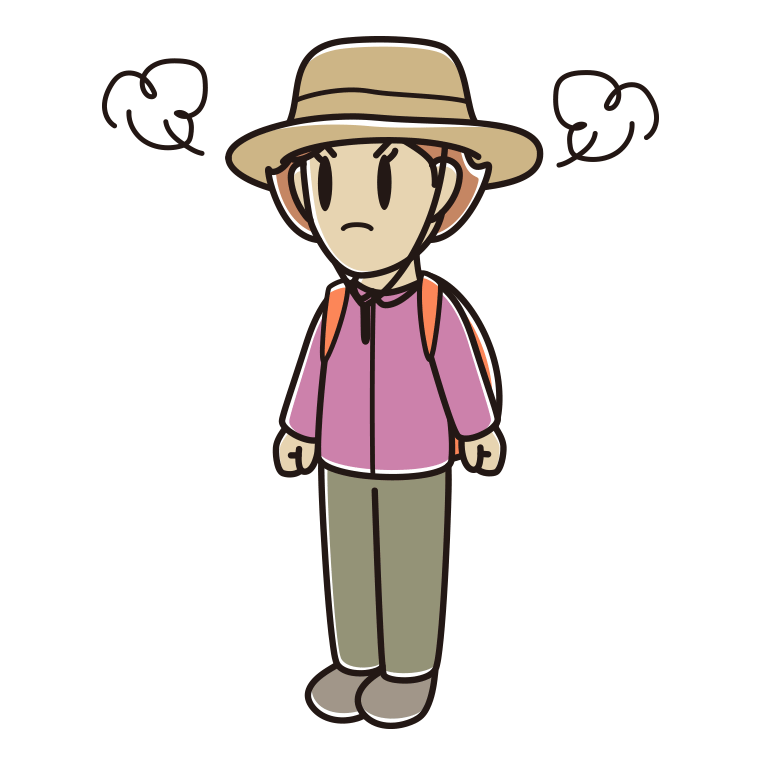 怒るアウトドア姿の女性のイラスト【色あり、背景なし】透過PNG