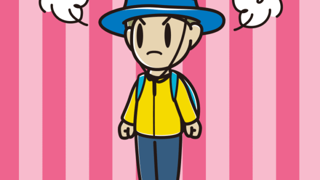 怒るアウトドア姿の小学生男子のイラスト【色、背景あり】PNG