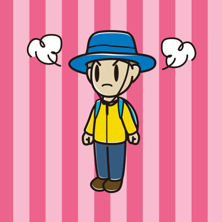 怒るアウトドア姿の小学生男子のイラスト【色、背景あり】PNG