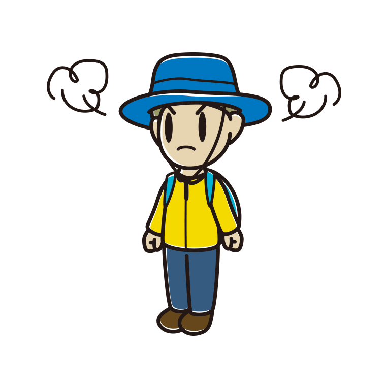 怒るアウトドア姿の小学生男子のイラスト【色あり、背景なし】透過PNG