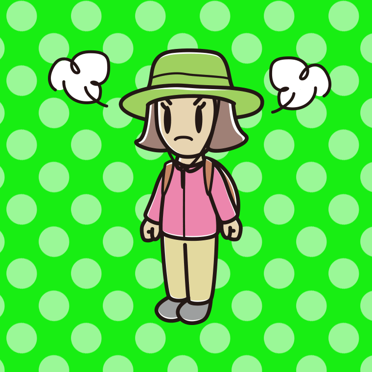 怒るアウトドア姿の小学生女子のイラスト【色、背景あり】PNG