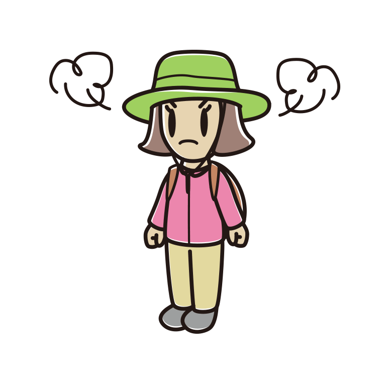 怒るアウトドア姿の小学生女子のイラスト【色あり、背景なし】透過PNG