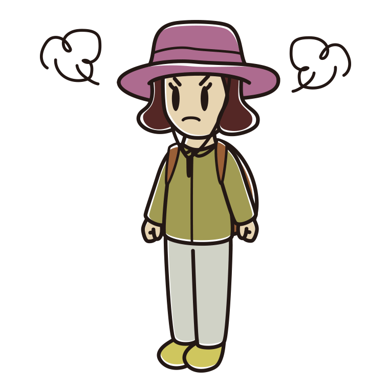 怒るアウトドア姿の女子高校生のイラスト【色あり、背景なし】透過PNG