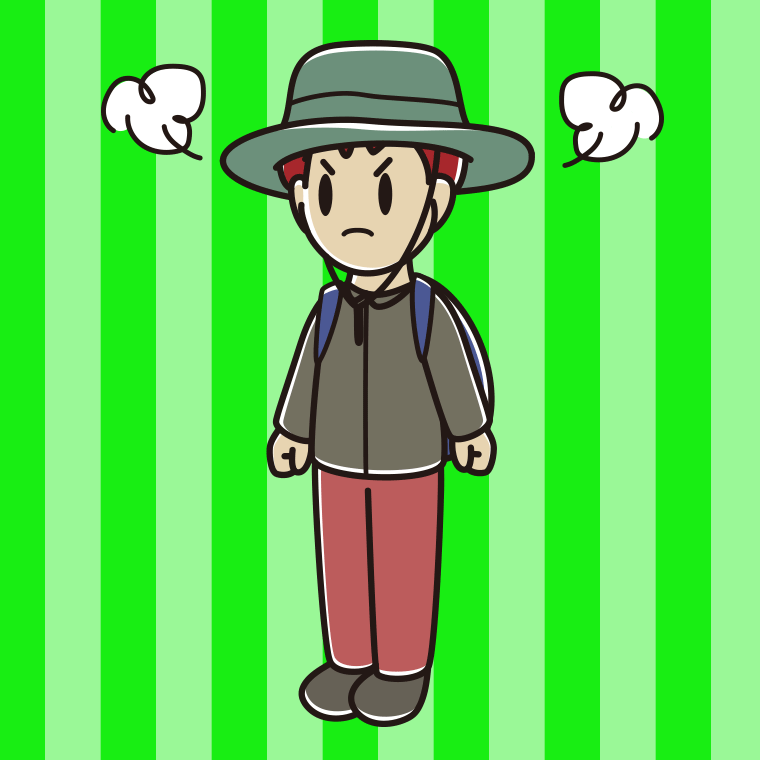 怒るアウトドア姿の男子大学生のイラスト【色、背景あり】PNG