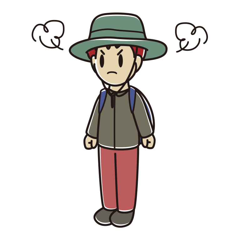 怒るアウトドア姿の男子大学生のイラスト【色あり、背景なし】透過PNG