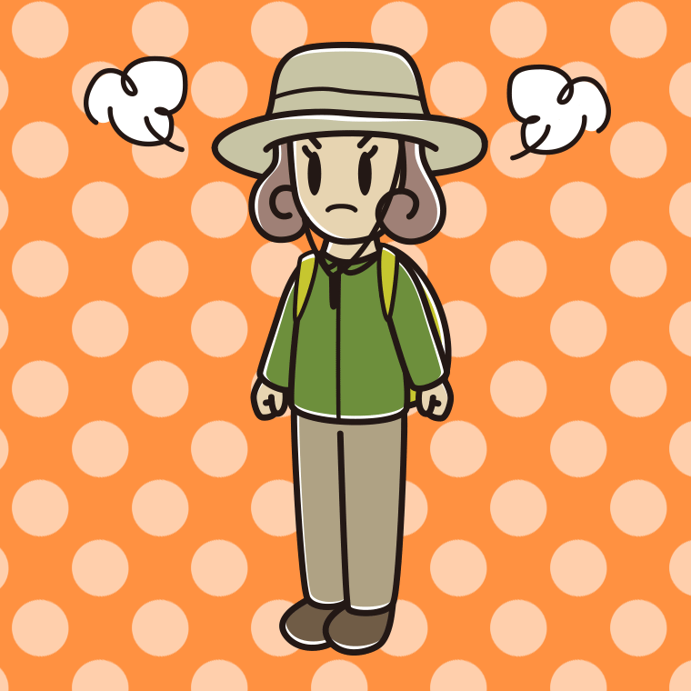 怒るアウトドア姿の女子大学生のイラスト【色、背景あり】PNG