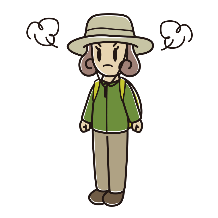 怒るアウトドア姿の女子大学生のイラスト【色あり、背景なし】透過PNG