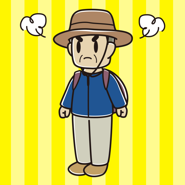 怒るアウトドア姿のおじさんのイラスト【色、背景あり】PNG