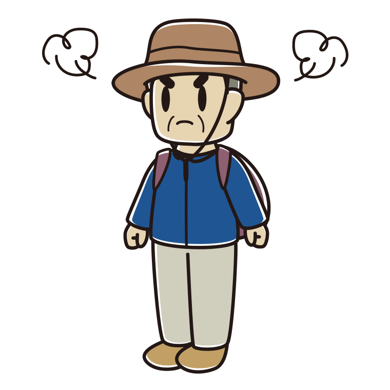 怒るアウトドア姿のおじさんのイラスト【色あり、背景なし】透過PNG