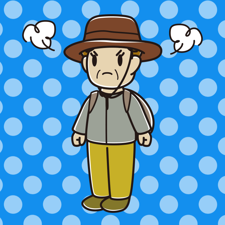 怒るアウトドア姿のおばさんのイラスト【色、背景あり】PNG