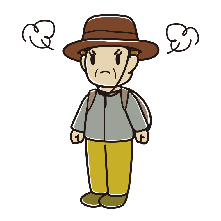 怒るアウトドア姿のおばさんのイラスト【色あり、背景なし】透過PNG
