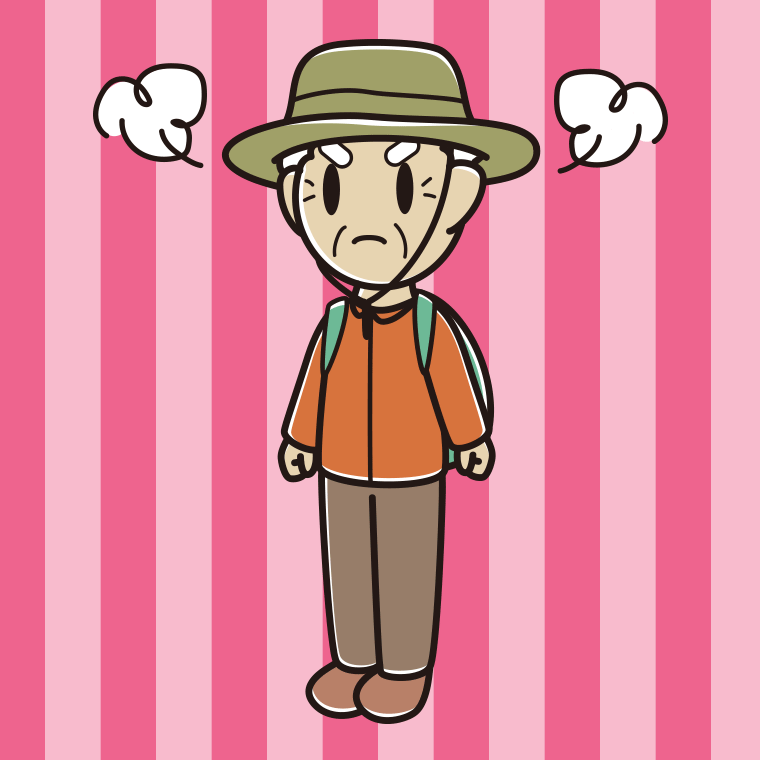 怒るアウトドア姿のおじいさんのイラスト【色、背景あり】PNG