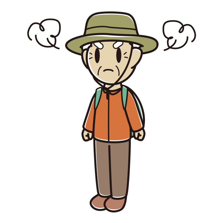 怒るアウトドア姿のおじいさんのイラスト【色あり、背景なし】透過PNG