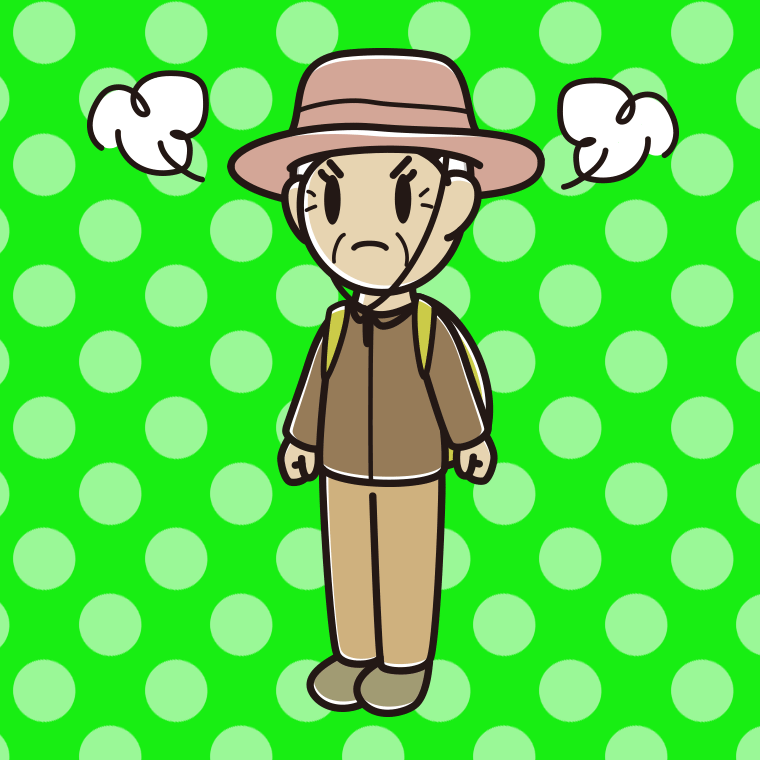 怒るアウトドア姿のおばあさんのイラスト【色、背景あり】PNG