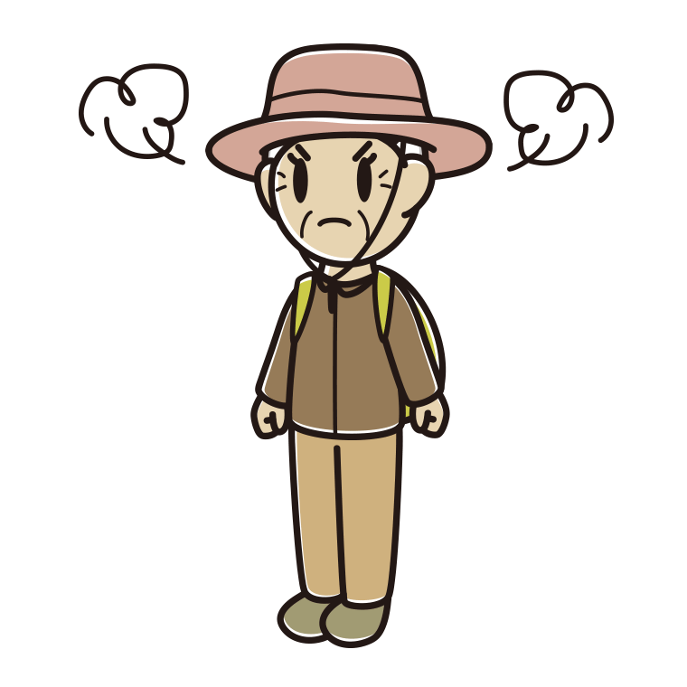 怒るアウトドア姿のおばあさんのイラスト【色あり、背景なし】透過PNG