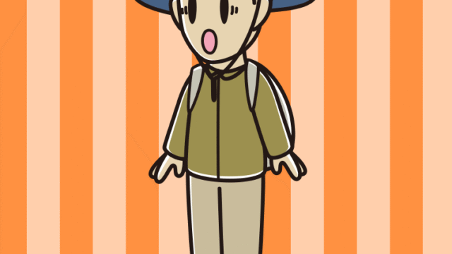 驚くアウトドア姿の男性のイラスト【色、背景あり】PNG