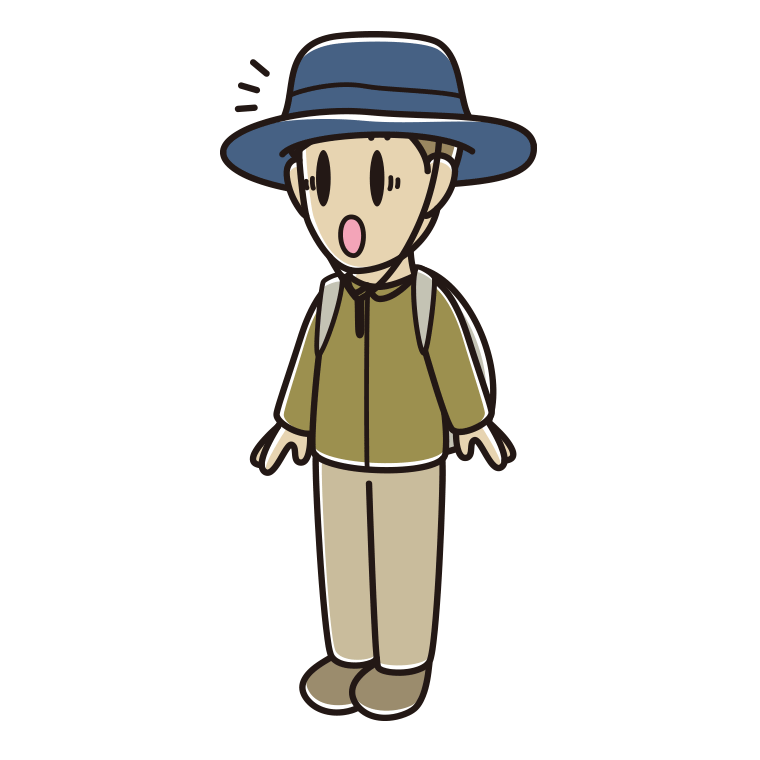 驚くアウトドア姿の男性のイラスト【色あり、背景なし】透過PNG