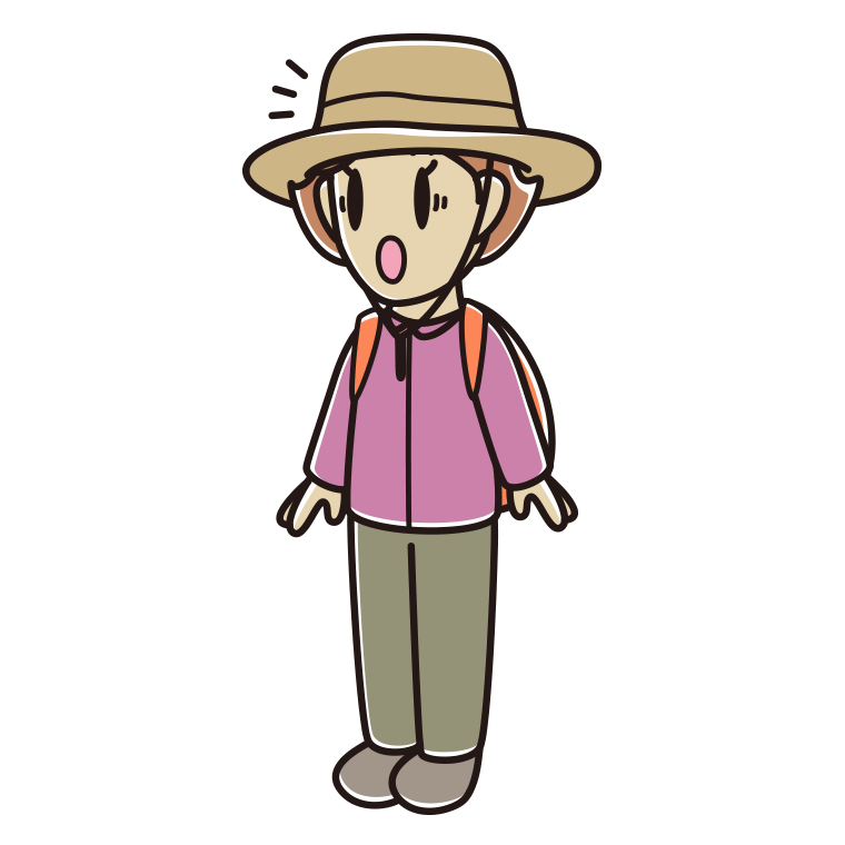 驚くアウトドア姿の女性のイラスト【色あり、背景なし】透過PNG