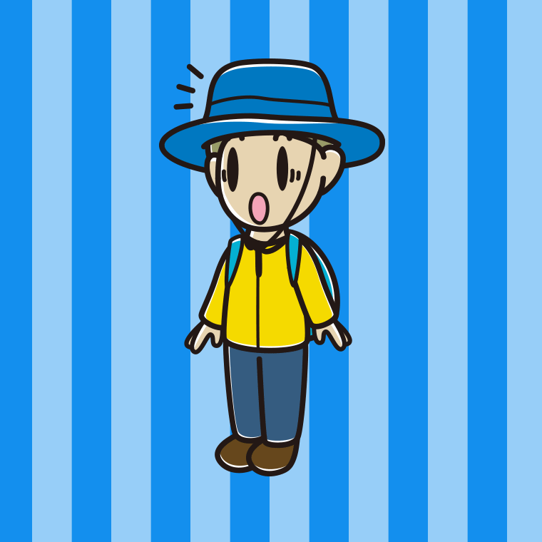 驚くアウトドア姿の小学生男子のイラスト【色、背景あり】PNG