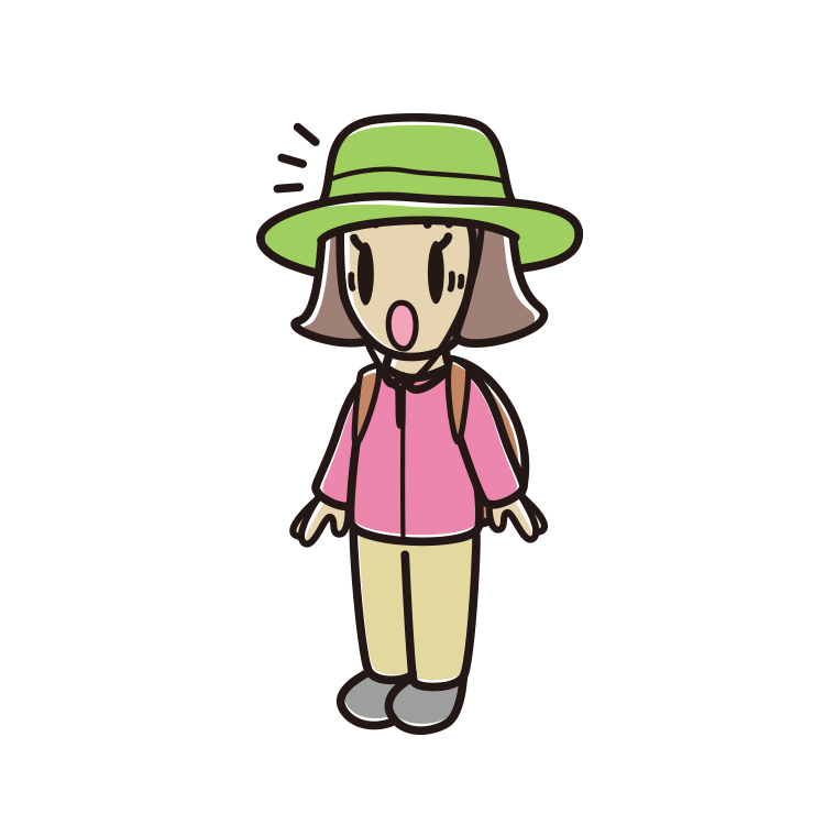 驚くアウトドア姿の小学生女子のイラスト【色あり、背景なし】透過PNG