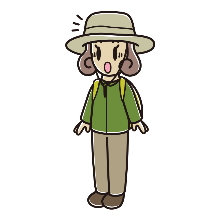 驚くアウトドア姿の女子大学生のイラスト【色あり、背景なし】透過PNG