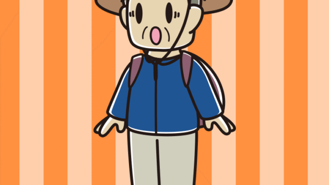 驚くアウトドア姿のおじさんのイラスト【色、背景あり】PNG