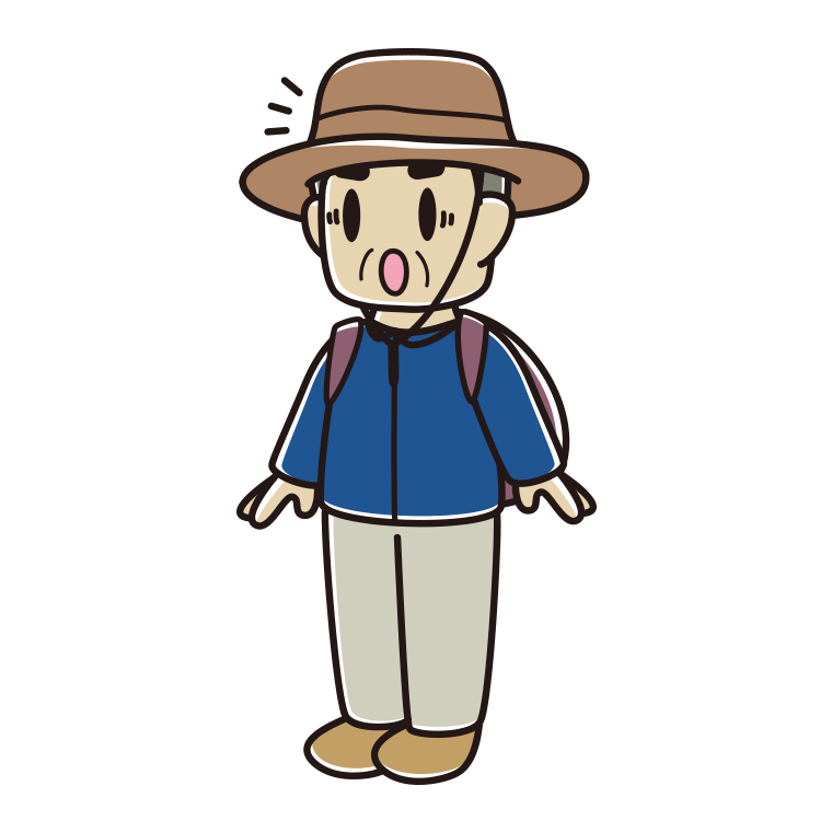 驚くアウトドア姿のおじさんのイラスト【色あり、背景なし】透過PNG