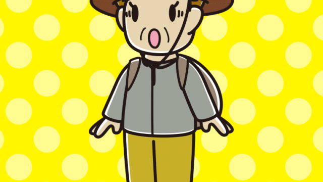 驚くアウトドア姿のおばさんのイラスト【色、背景あり】PNG