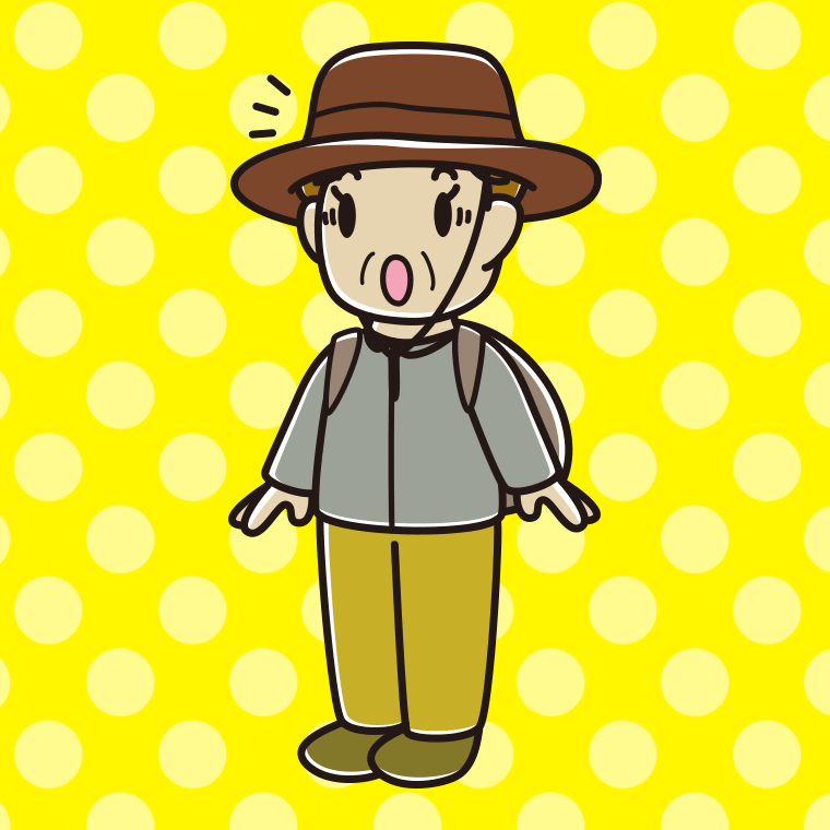驚くアウトドア姿のおばさんのイラスト【色、背景あり】PNG