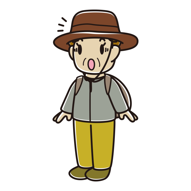 驚くアウトドア姿のおばさんのイラスト【色あり、背景なし】透過PNG
