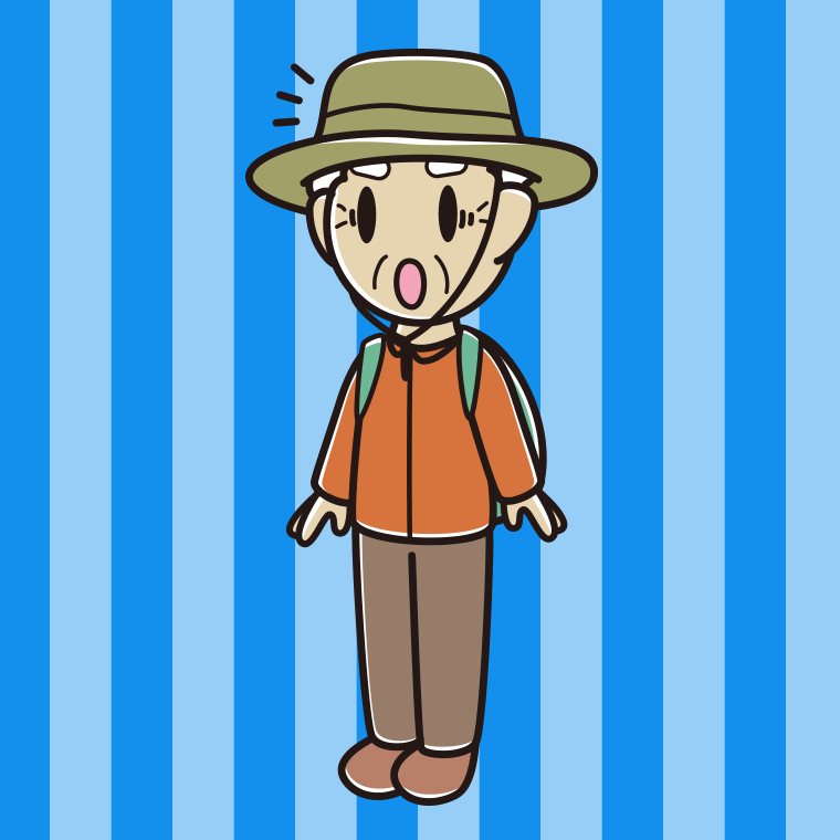 驚くアウトドア姿のおじいさんのイラスト【色、背景あり】PNG