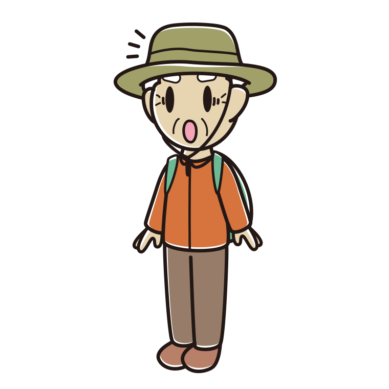 驚くアウトドア姿のおじいさんのイラスト【色あり、背景なし】透過PNG