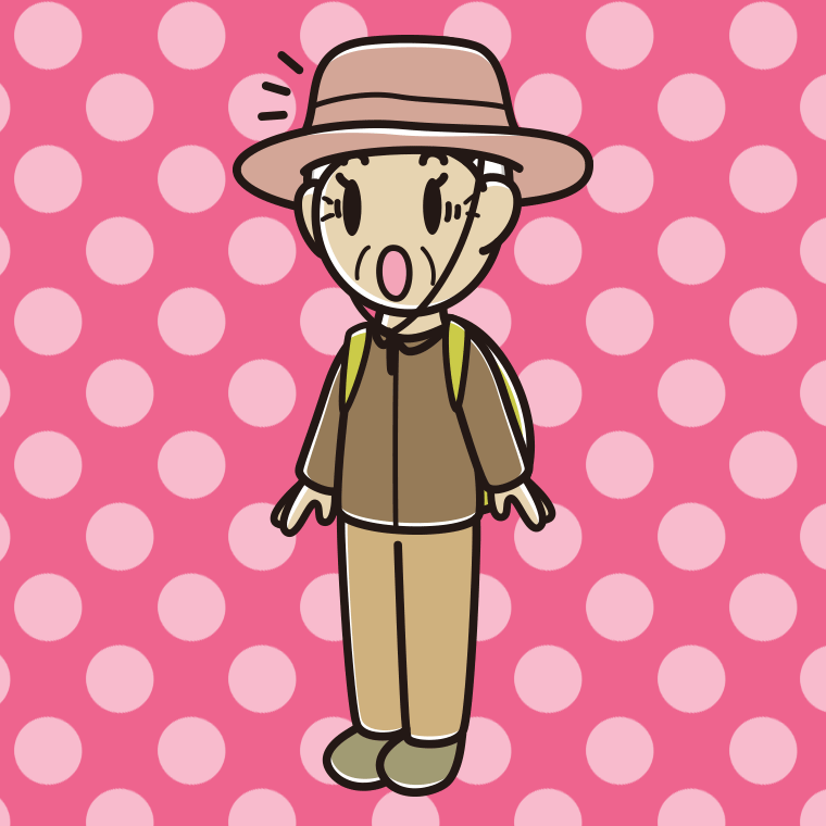 驚くアウトドア姿のおばあさんのイラスト【色、背景あり】PNG