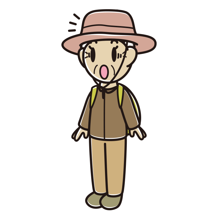 驚くアウトドア姿のおばあさんのイラスト【色あり、背景なし】透過PNG