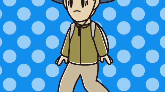 ハイキング中に困る男性のイラスト【色、背景あり】PNG