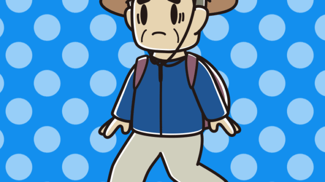 ハイキング中に困るおじさんのイラスト【色、背景あり】PNG