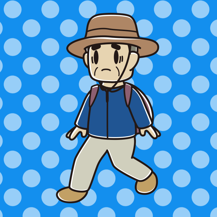 ハイキング中に困るおじさんのイラスト【色、背景あり】PNG
