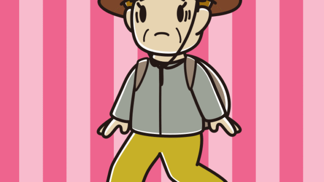 ハイキング中に困るおばさんのイラスト【色、背景あり】PNG