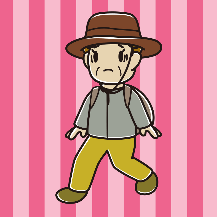 ハイキング中に困るおばさんのイラスト【色、背景あり】PNG