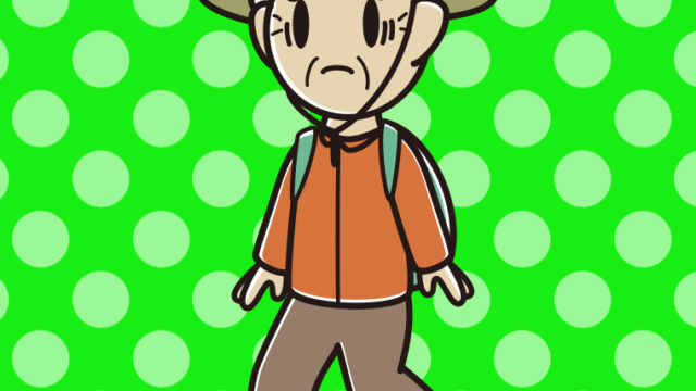 ハイキング中に困るおじいさんのイラスト【色、背景あり】PNG
