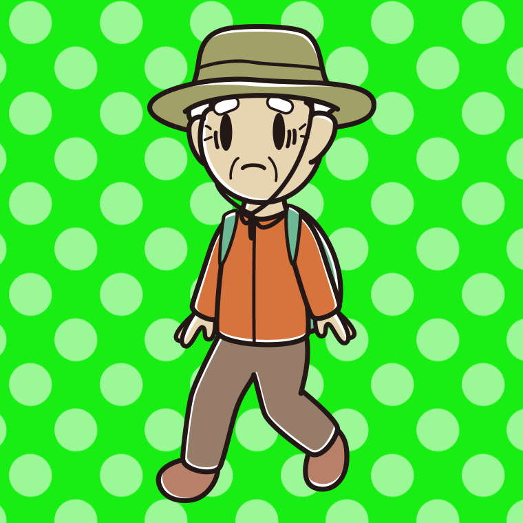 ハイキング中に困るおじいさんのイラスト【色、背景あり】PNG