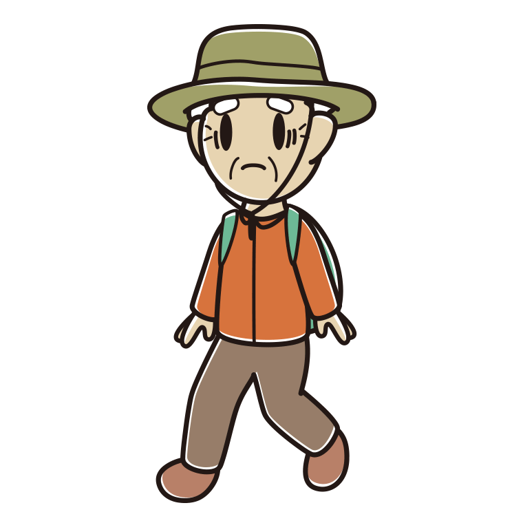ハイキング中に困るおじいさんのイラスト【色あり、背景なし】透過PNG